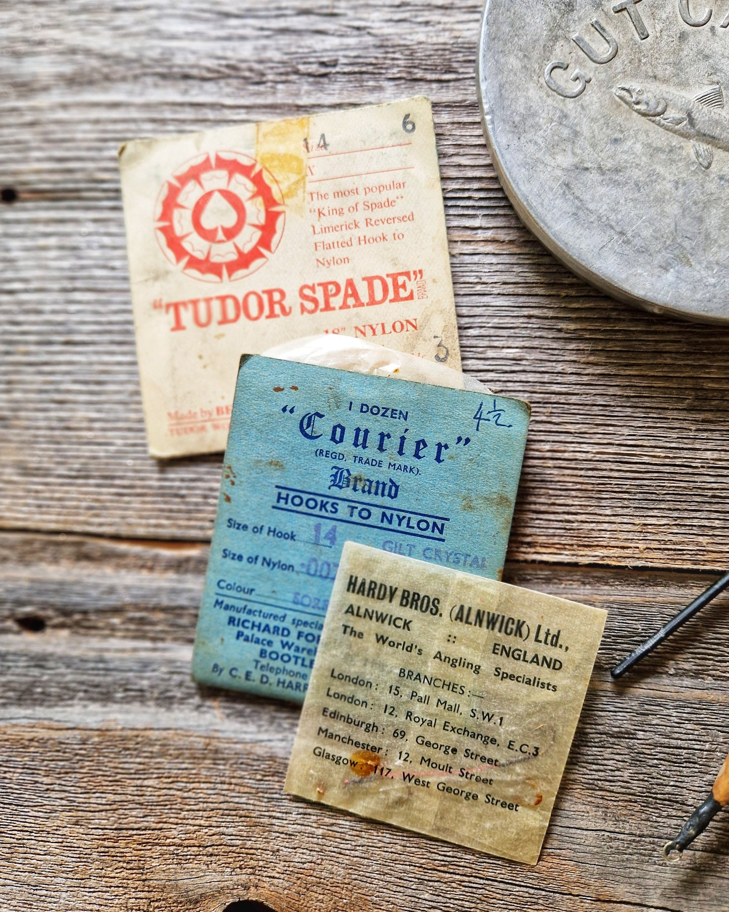 Vintage Aluminum Gut Cast Box c. 1910-1935 with Hooks & Floats | English Fishing Tin, Hardy Bros.