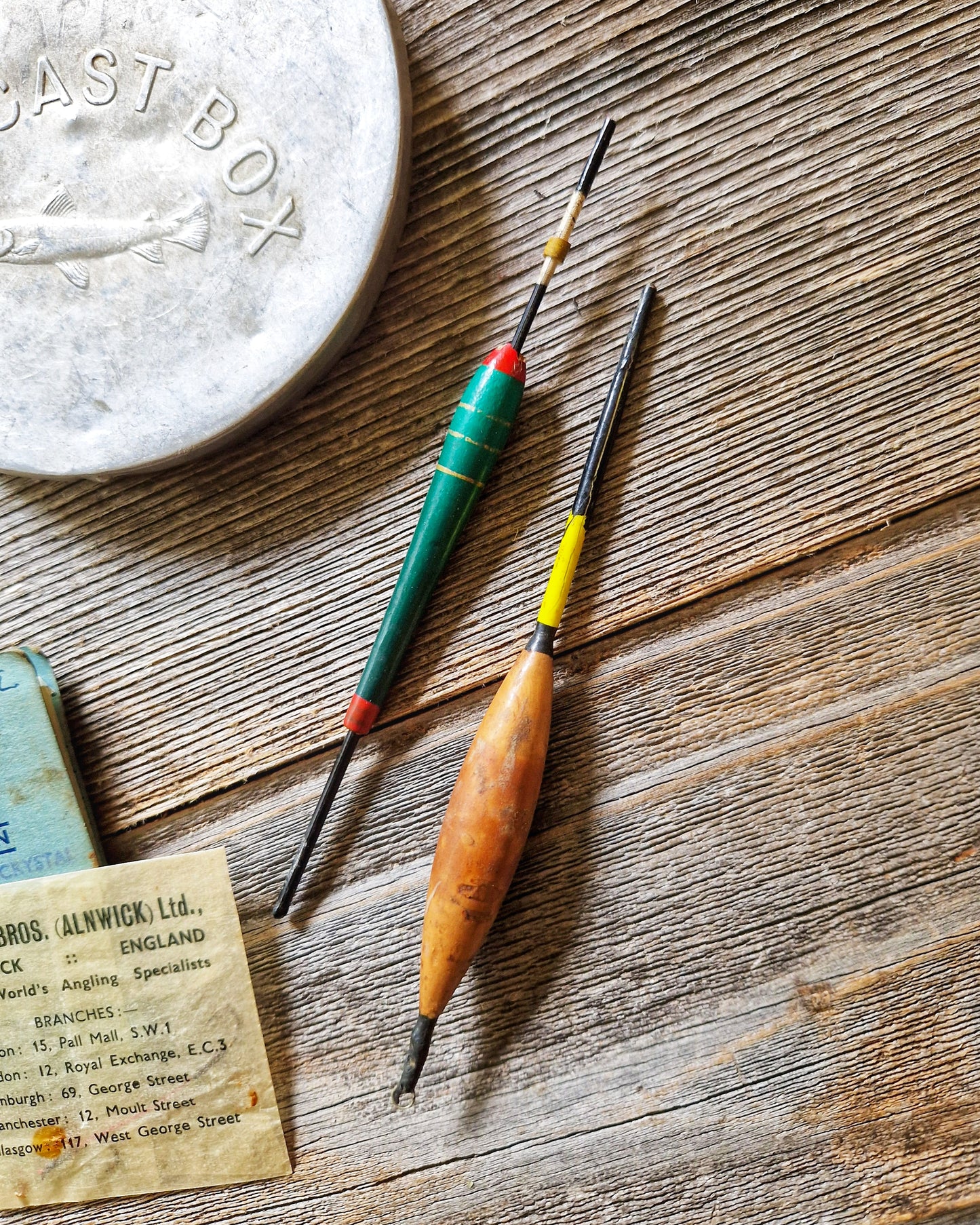 Vintage Aluminum Gut Cast Box c. 1910-1935 with Hooks & Floats | English Fishing Tin, Hardy Bros.