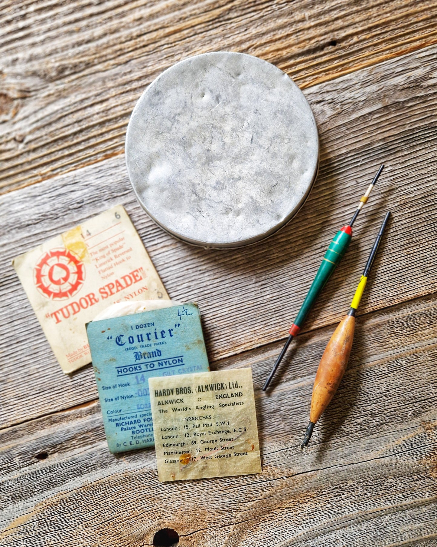 Vintage Aluminum Gut Cast Box c. 1910-1935 with Hooks & Floats | English Fishing Tin, Hardy Bros.
