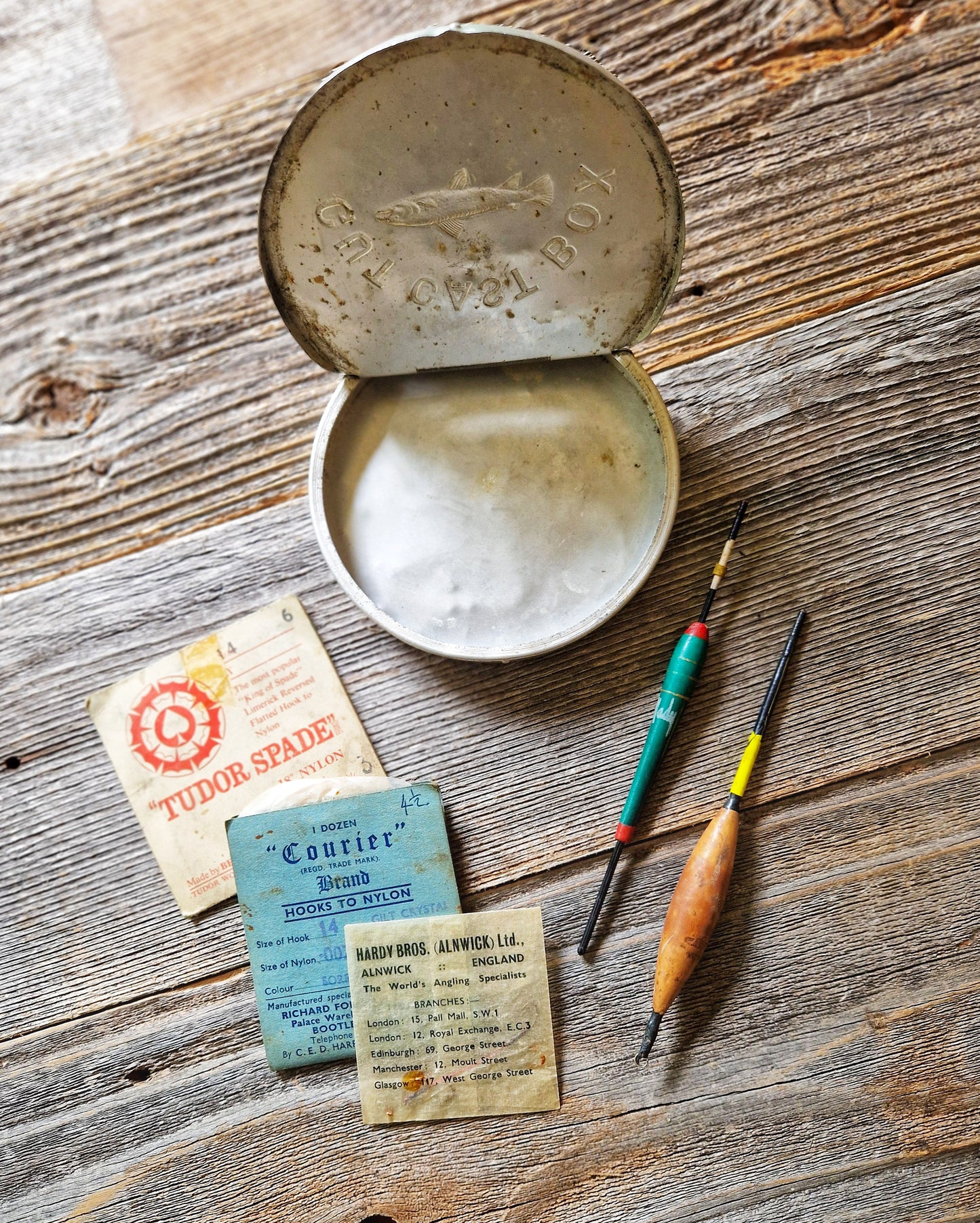 Vintage Aluminum Gut Cast Box c. 1910-1935 with Hooks & Floats | English Fishing Tin, Hardy Bros.
