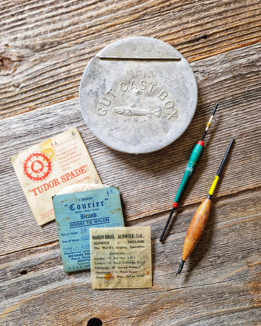 Vintage Aluminum Gut Cast Box c. 1910-1935 with Hooks & Floats | English Fishing Tin, Hardy Bros. 