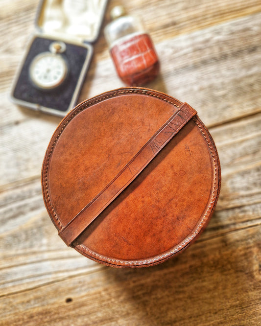 Edwardian Leather Collar Box, 7-Inch Round c. 1910-1925 | Vintage Gentleman’s Accessory 
