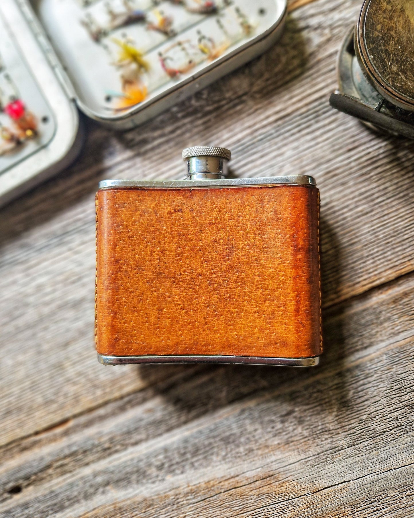 1960s English Pigskin & Chrome Hip Flask | Vintage 4-Ounce Leather Pocket Flask