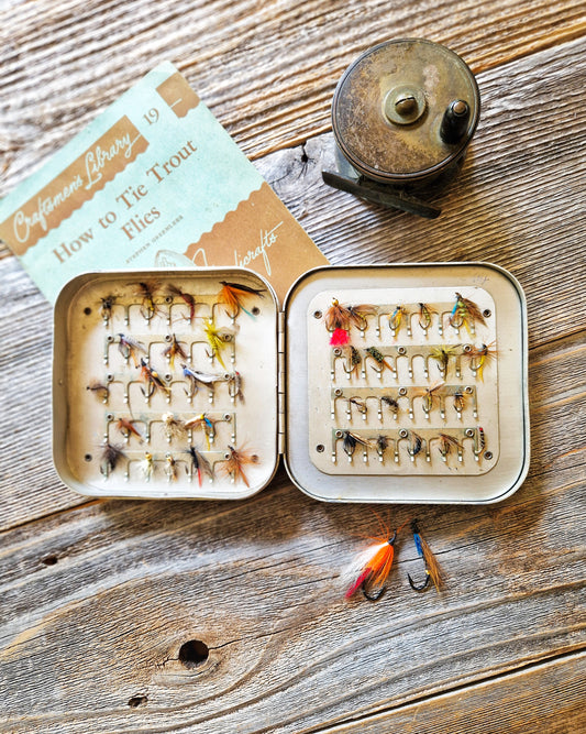 1940s Wheatley Fly/Cast Box with 37 Trout Flies | Vintage Silmalloy Case with Latched Compartment