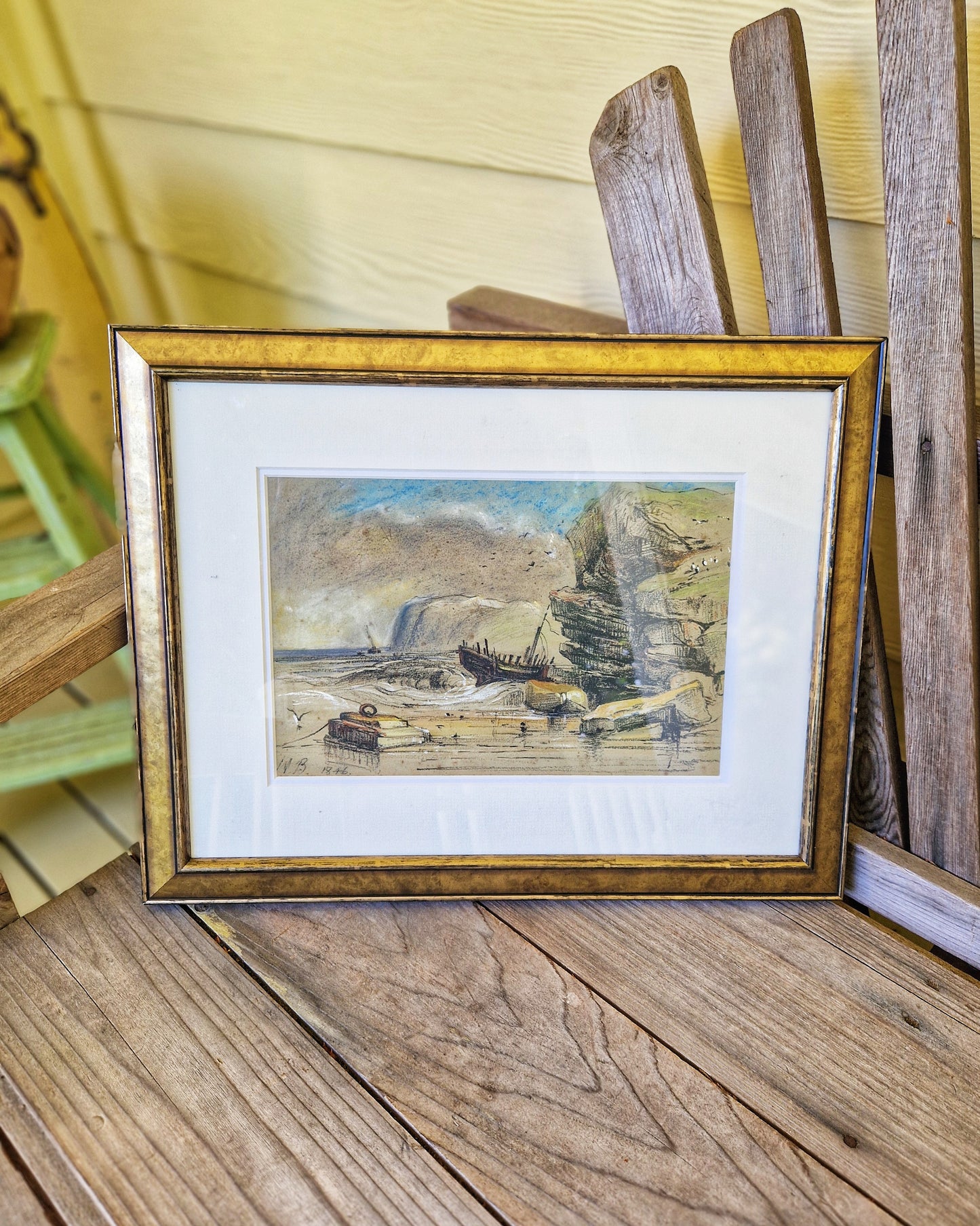 1846 British Shipwreck Painting | Victorian Watercolor & Mixed Media in 13-1/4 x 16-7/8 Frame
