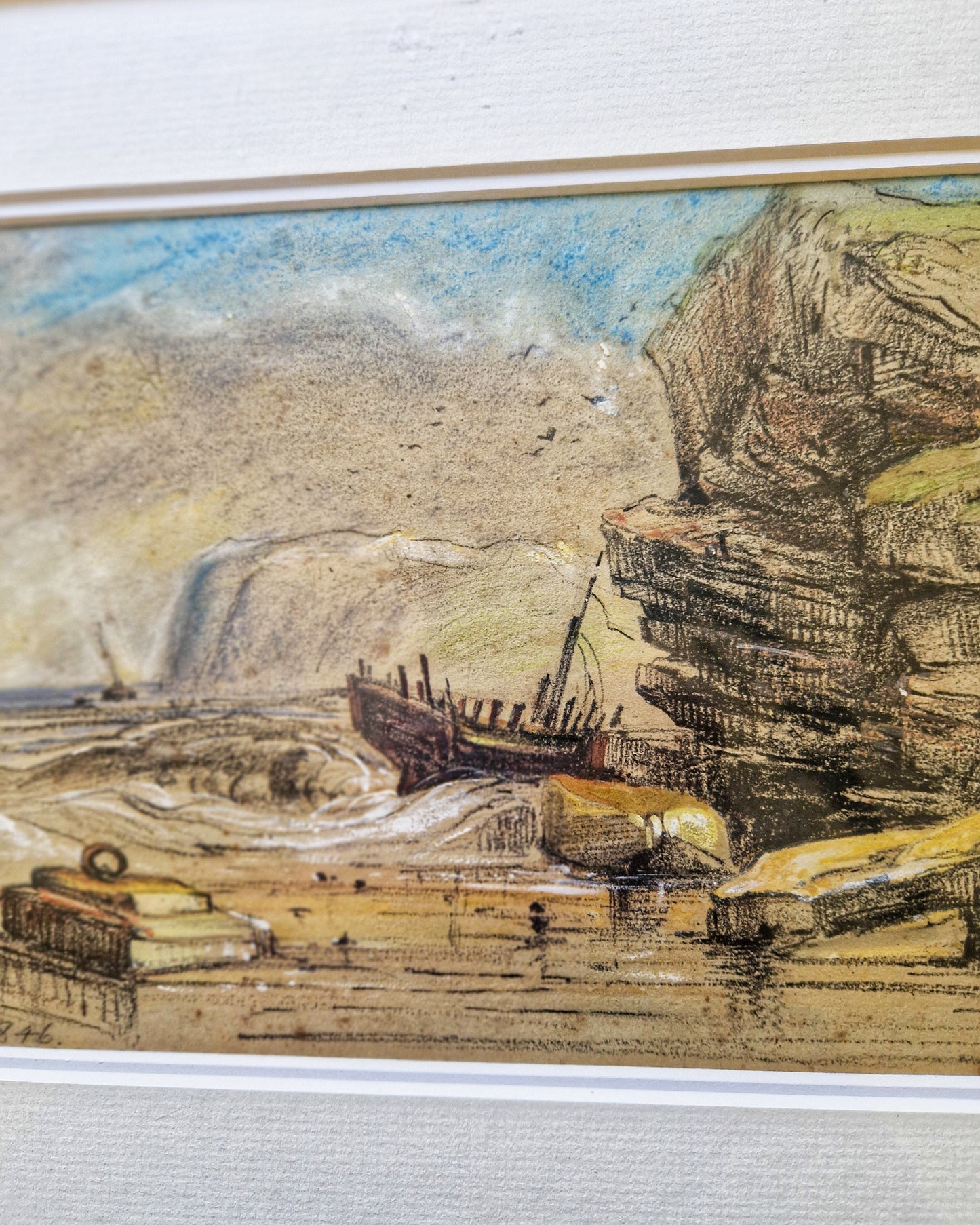 1846 British Shipwreck Painting | Victorian Watercolor & Mixed Media in 13-1/4 x 16-7/8 Frame