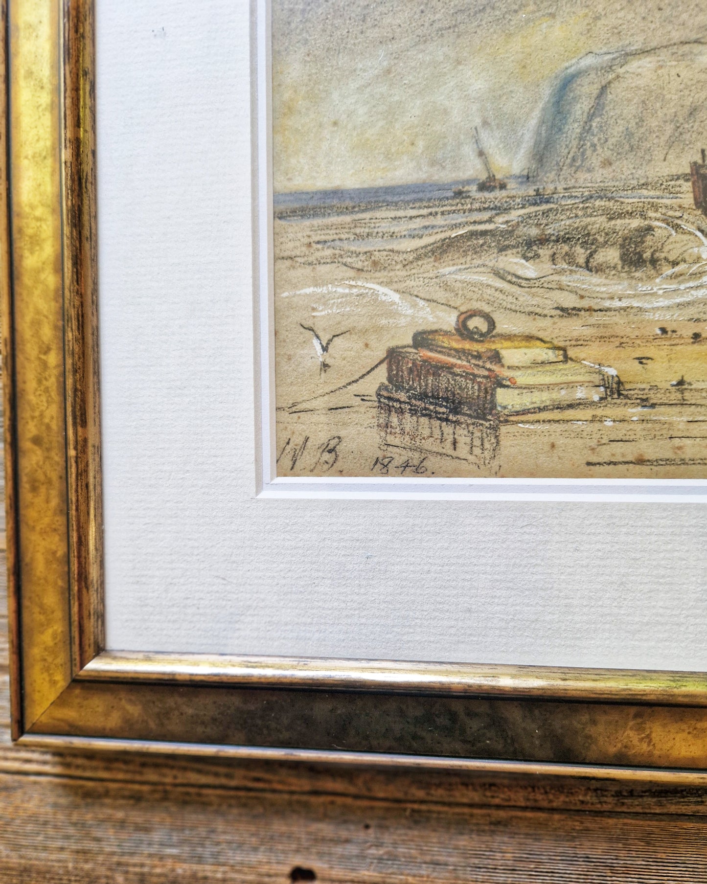 1846 British Shipwreck Painting | Victorian Watercolor & Mixed Media in 13-1/4 x 16-7/8 Frame