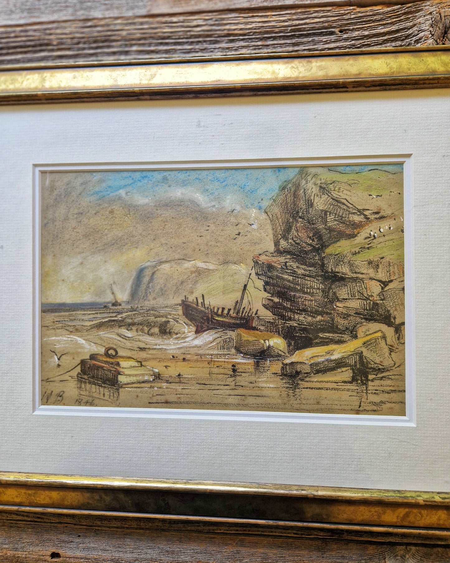 1846 British Shipwreck Painting | Victorian Watercolor & Mixed Media in 13-1/4 x 16-7/8 Frame