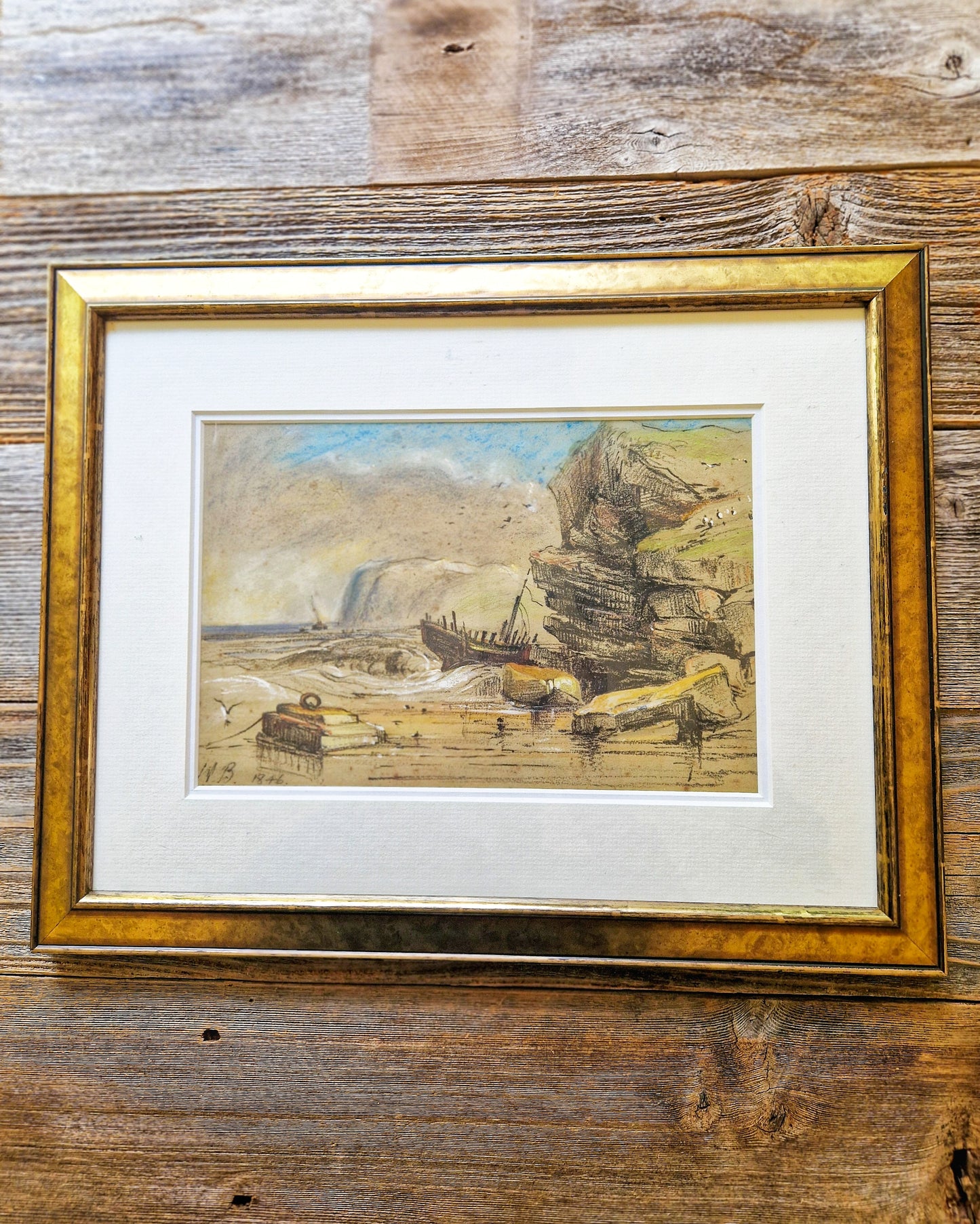 1846 British Shipwreck Painting | Victorian Watercolor & Mixed Media in 13-1/4 x 16-7/8 Frame