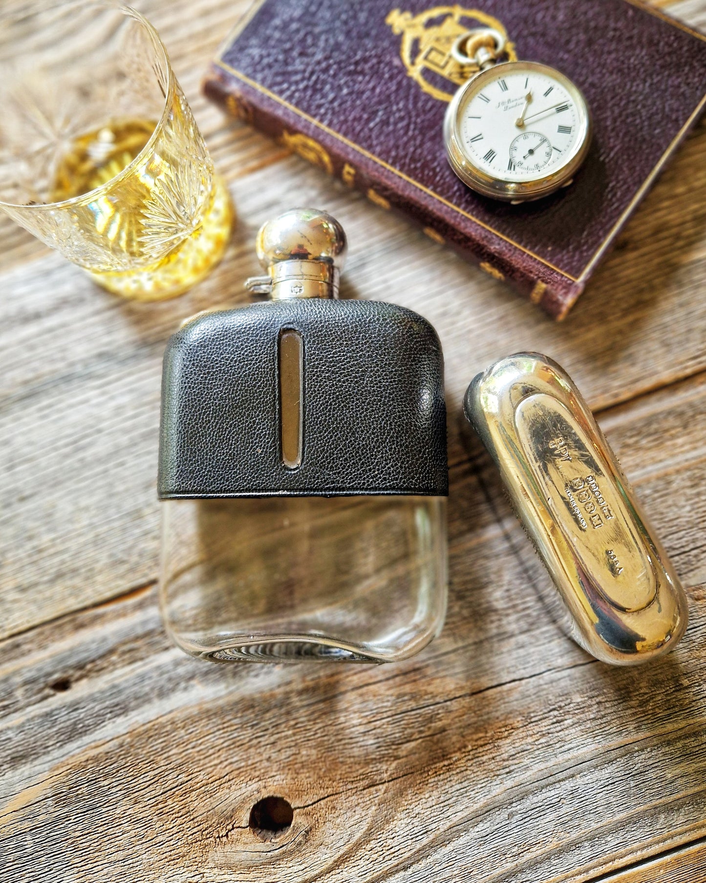 1920s James Dixon Hip Flask, Model 585A | Antique 6-Inch Flask in Black Leather & Silver Plate
