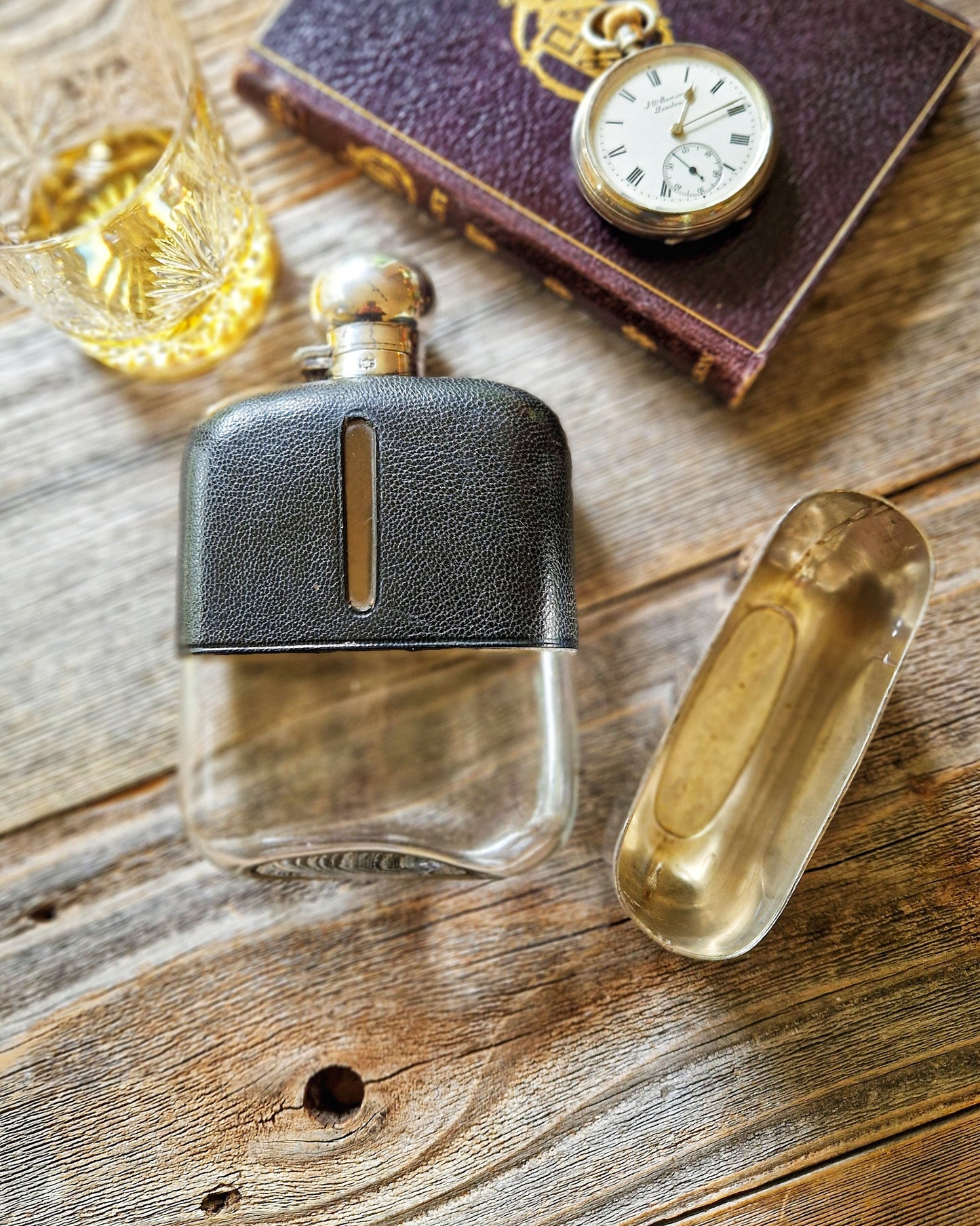 1920s James Dixon Hip Flask, Model 585A | Antique 6-Inch Flask in Black Leather & Silver Plate