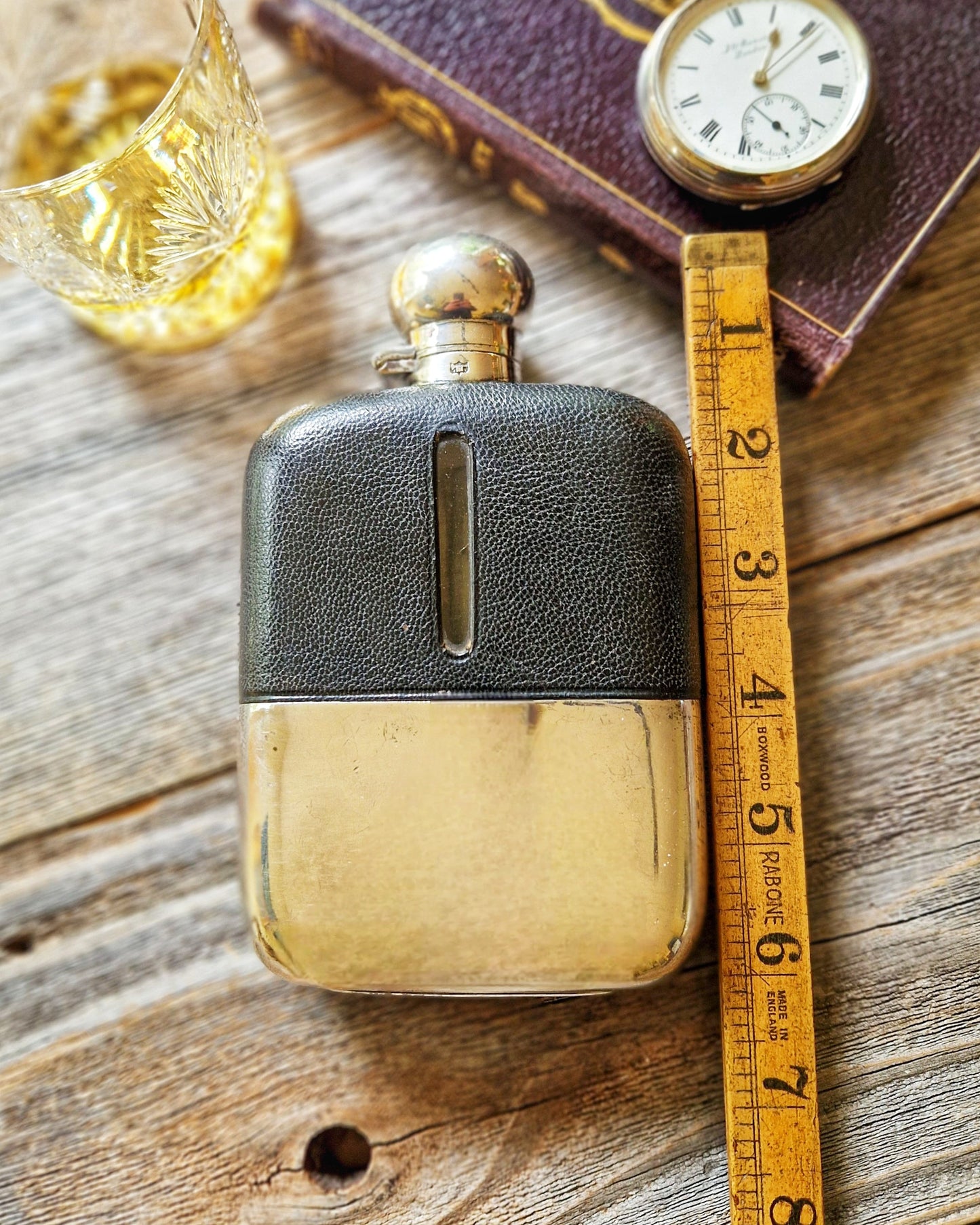 1920s James Dixon Hip Flask, Model 585A | Antique 6-Inch Flask in Black Leather & Silver Plate
