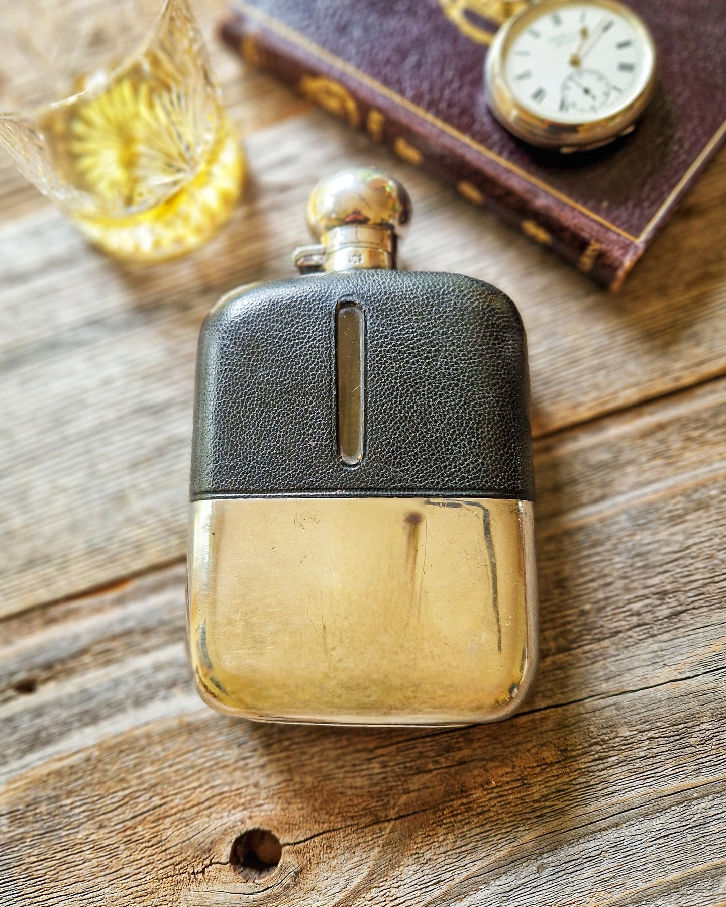 1920s James Dixon Hip Flask, Model 585A | Antique 6-Inch Flask in Black Leather & Silver Plate 