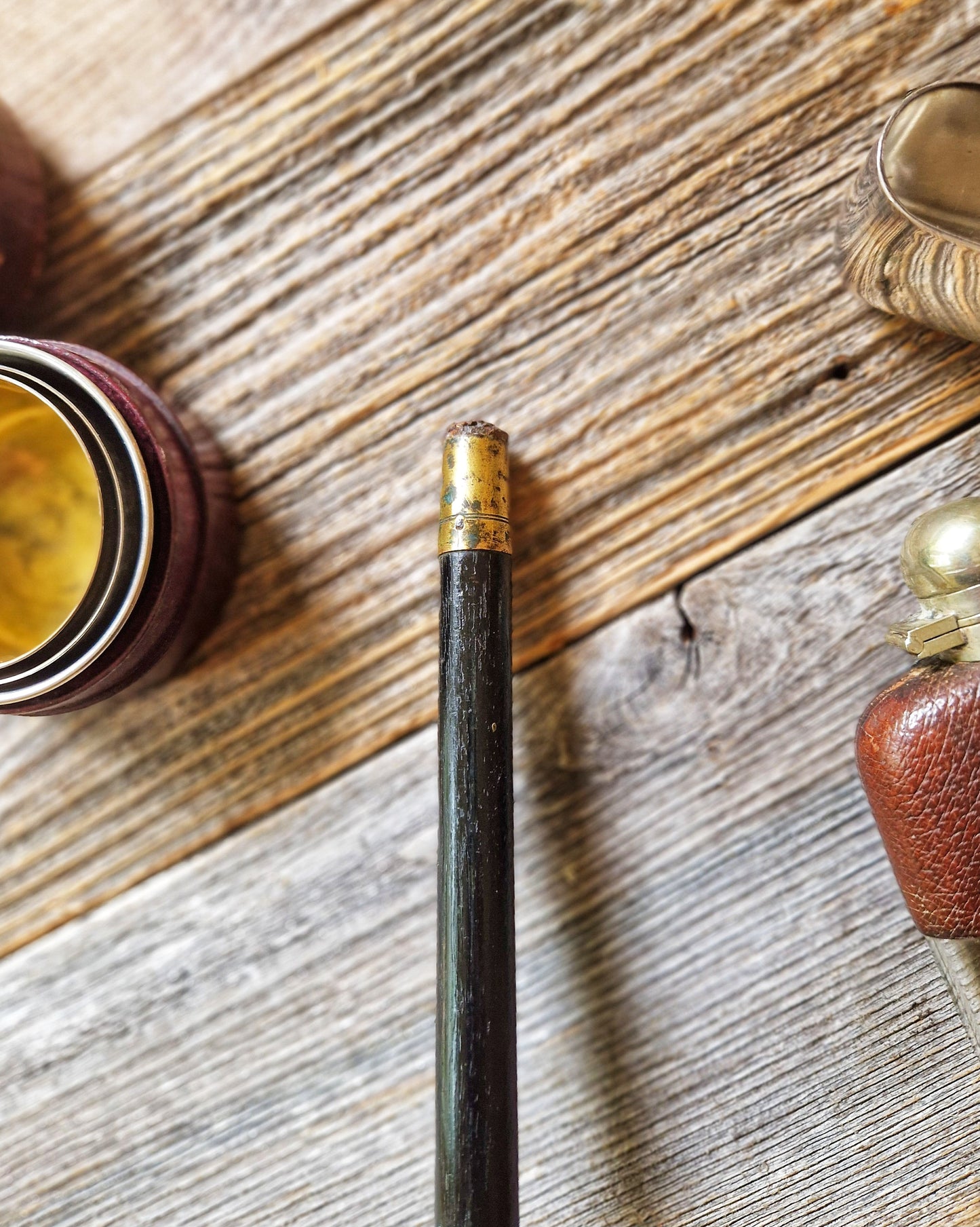 Antique Walking Cane with Gold-Plated Brass Knop and Ebonized Hardwood Shaft c. 1890-1910