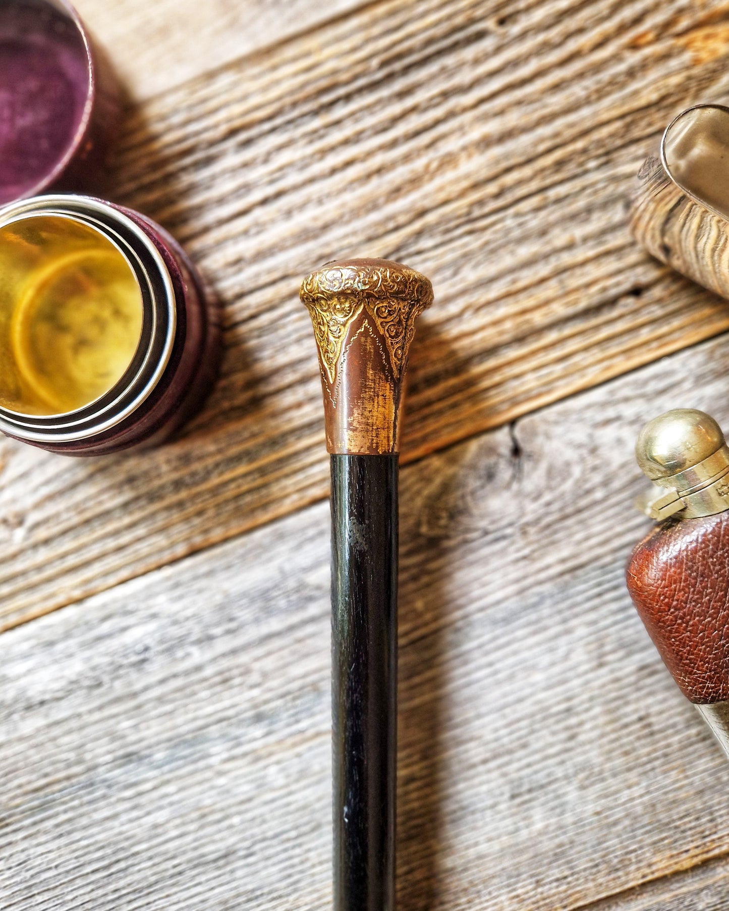 Antique Walking Cane with Gold-Plated Brass Knop and Ebonized Hardwood Shaft c. 1890-1910