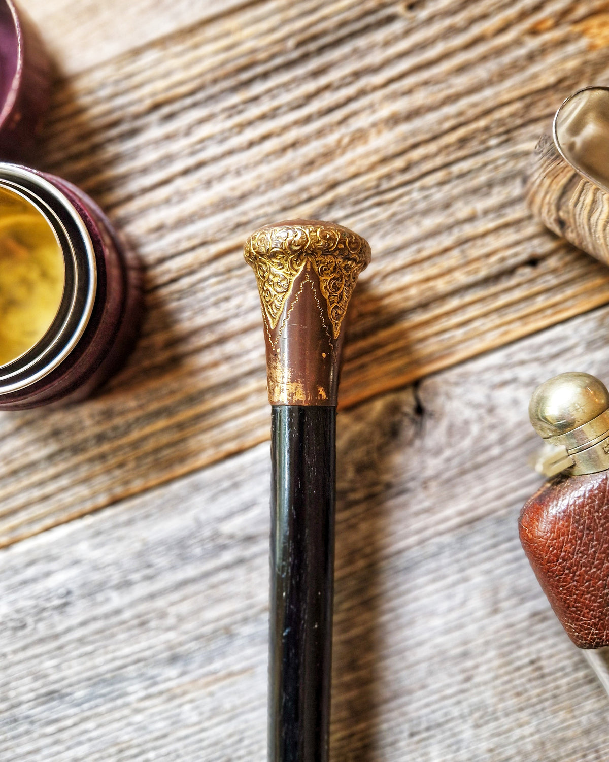 Antique Walking Cane with Gold-Plated Brass Knop and Ebonized Hardwood Shaft c. 1890-1910