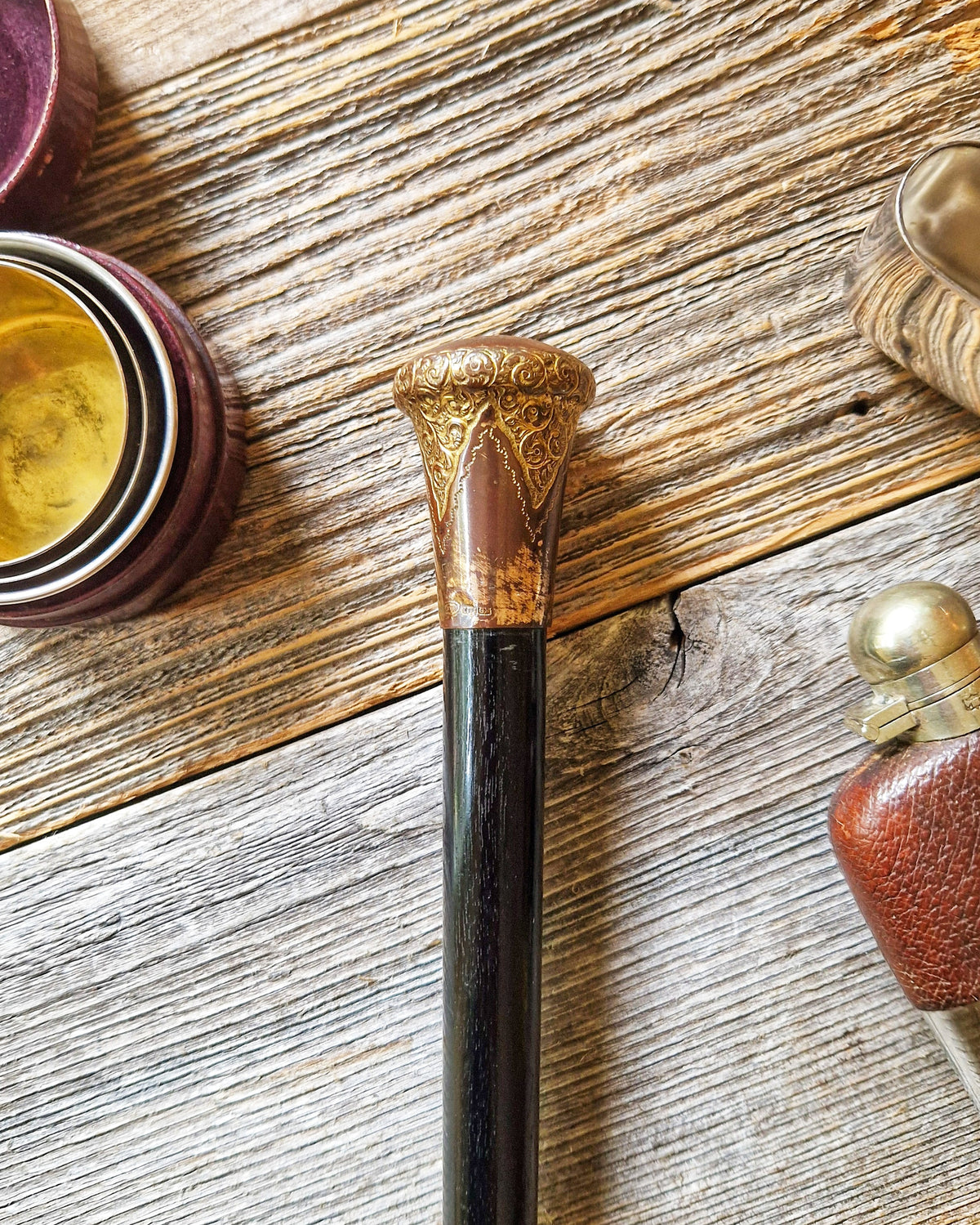Antique Walking Cane with Gold-Plated Brass Knop and Ebonized Hardwood Shaft c. 1890-1910