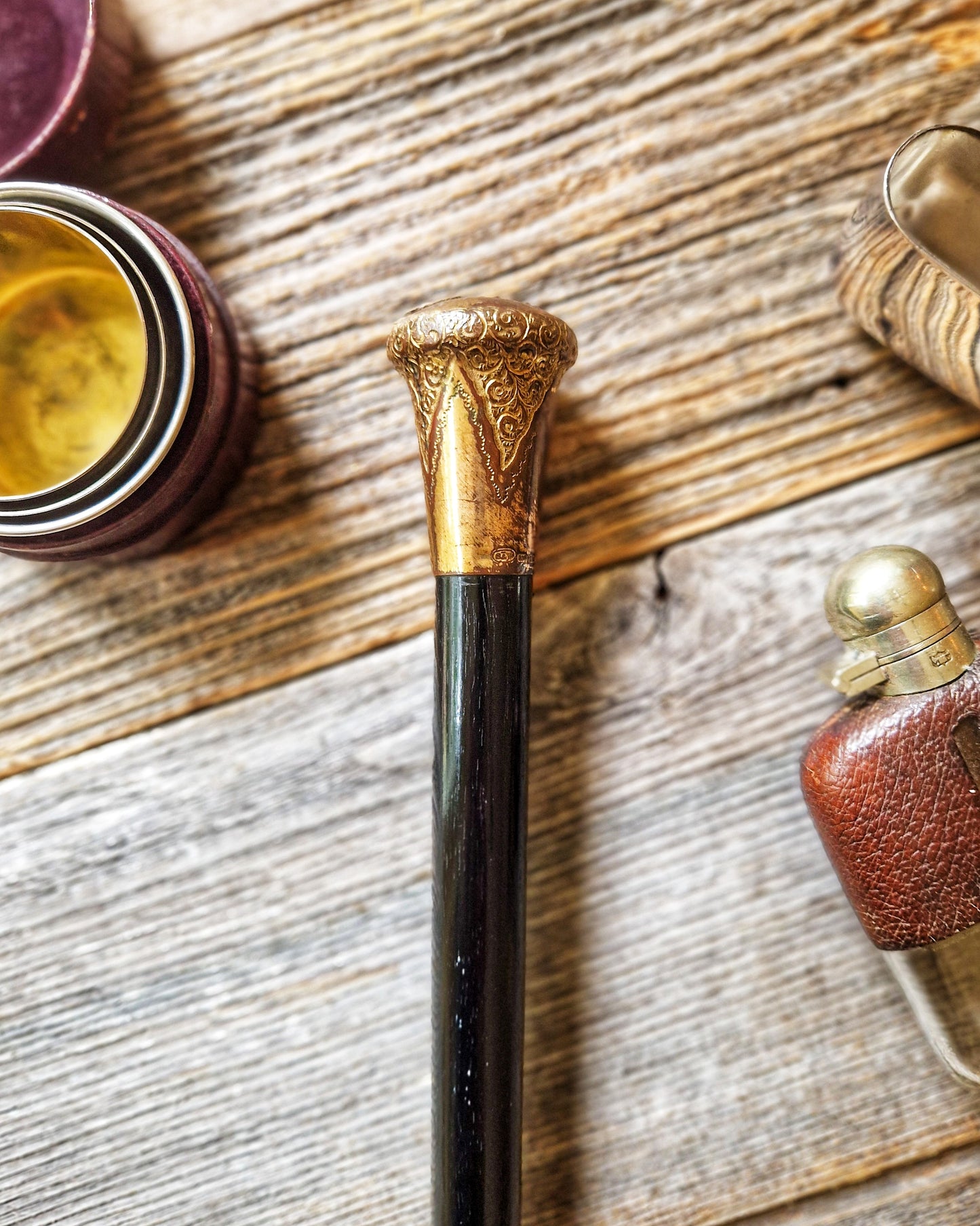 Antique Walking Cane with Gold-Plated Brass Knop and Ebonized Hardwood Shaft c. 1890-1910