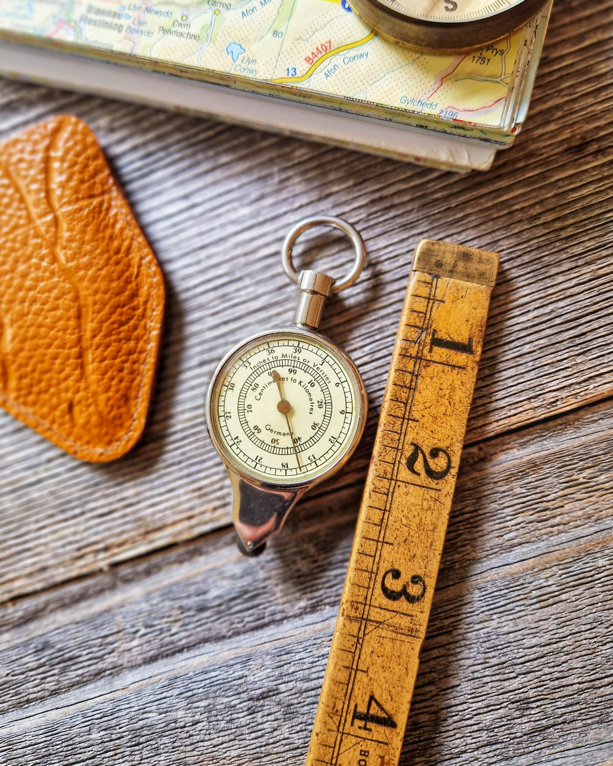 1950s Dual-Sided German Opisometer with Leather Case | Vintage Map Measurer, Travel Gift