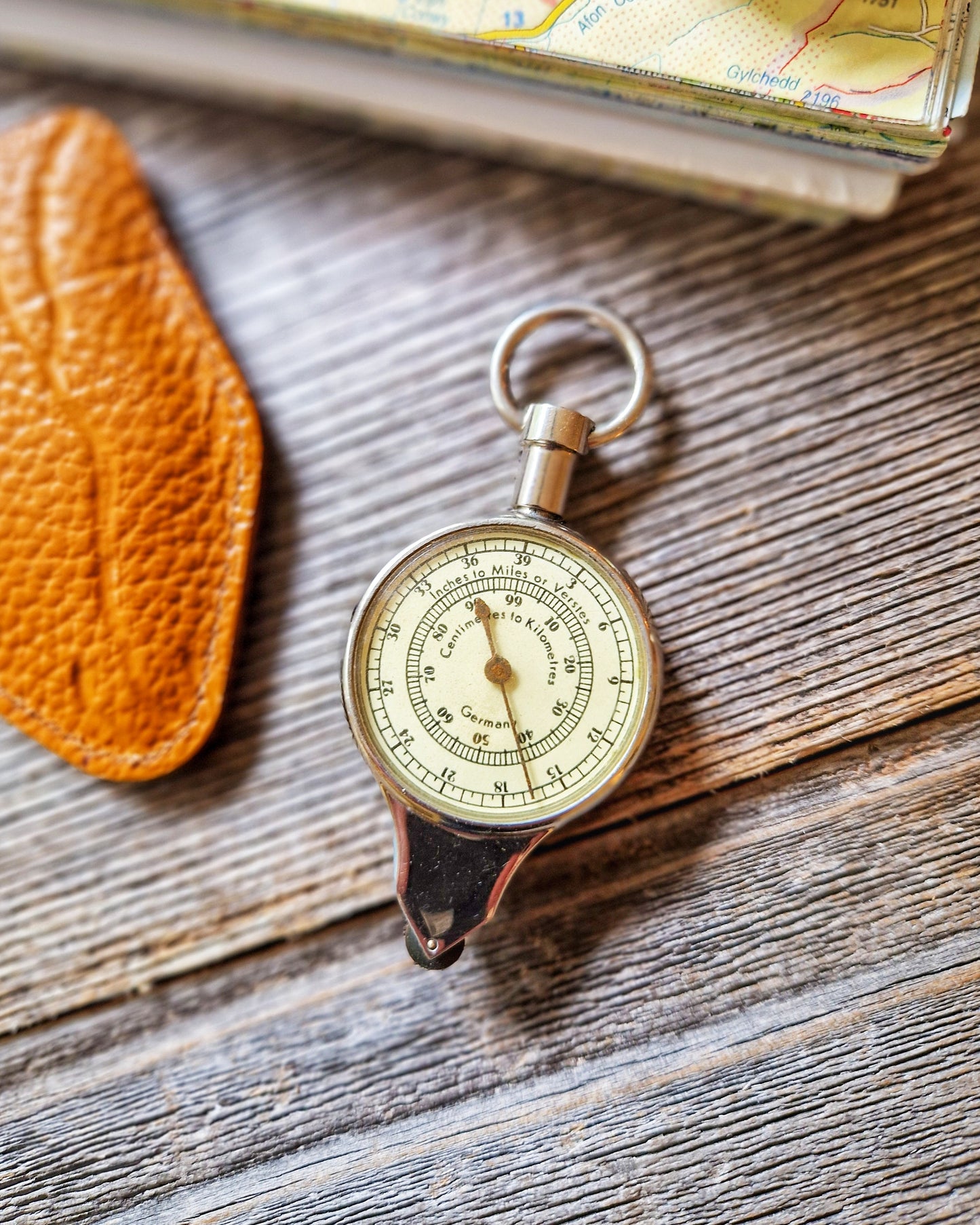 1950s Dual-Sided German Opisometer with Leather Case | Vintage Map Measurer, Travel Gift