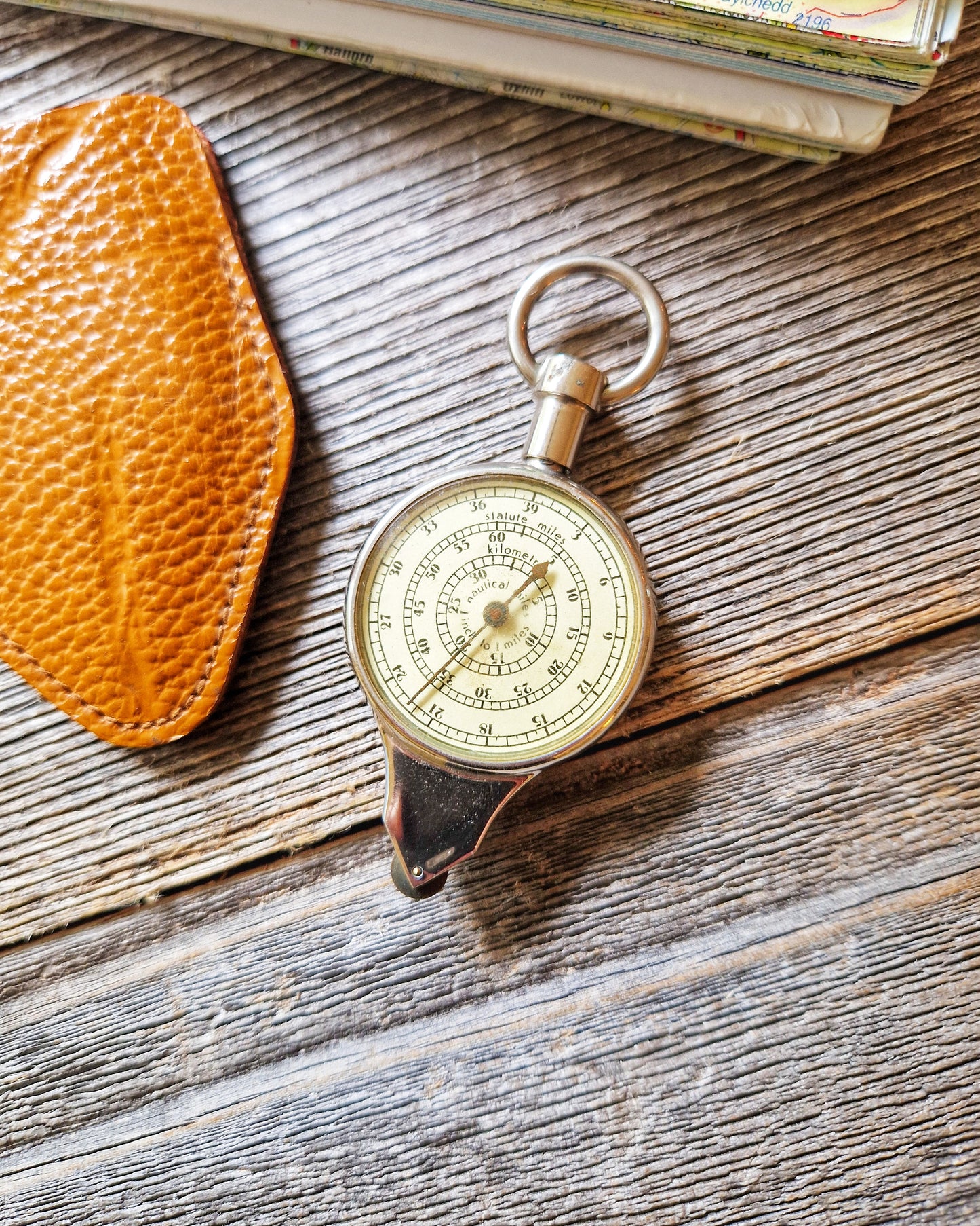 1950s Dual-Sided German Opisometer with Leather Case | Vintage Map Measurer, Travel Gift