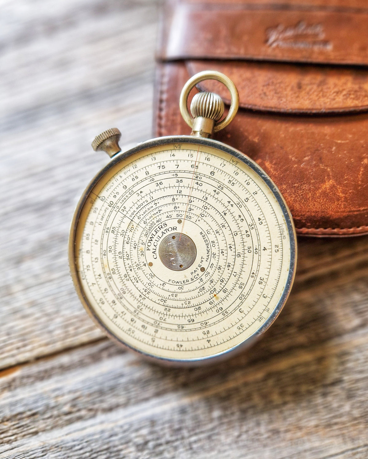 1930s Fowler’s Long Scale Calculator in Original Leather Case | Vintage English Circular Slide Rule