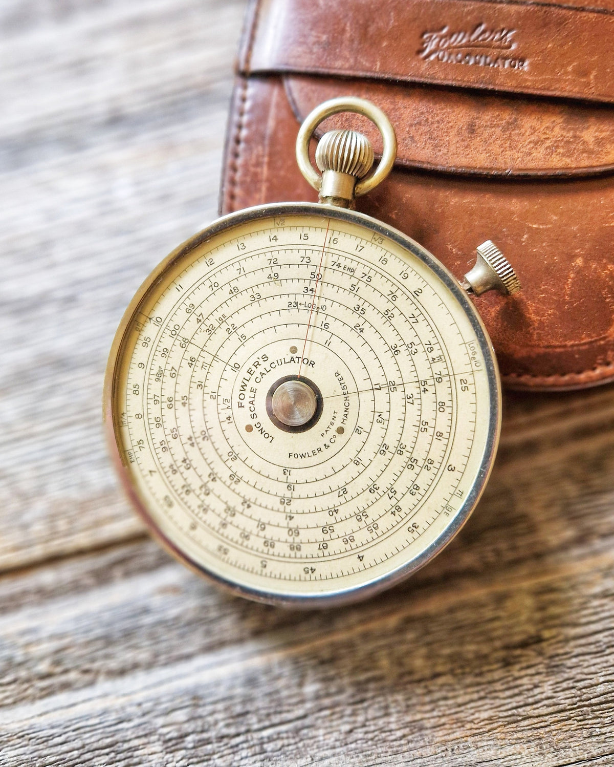 1930s Fowler’s Long Scale Calculator in Original Leather Case | Vintage English Circular Slide Rule