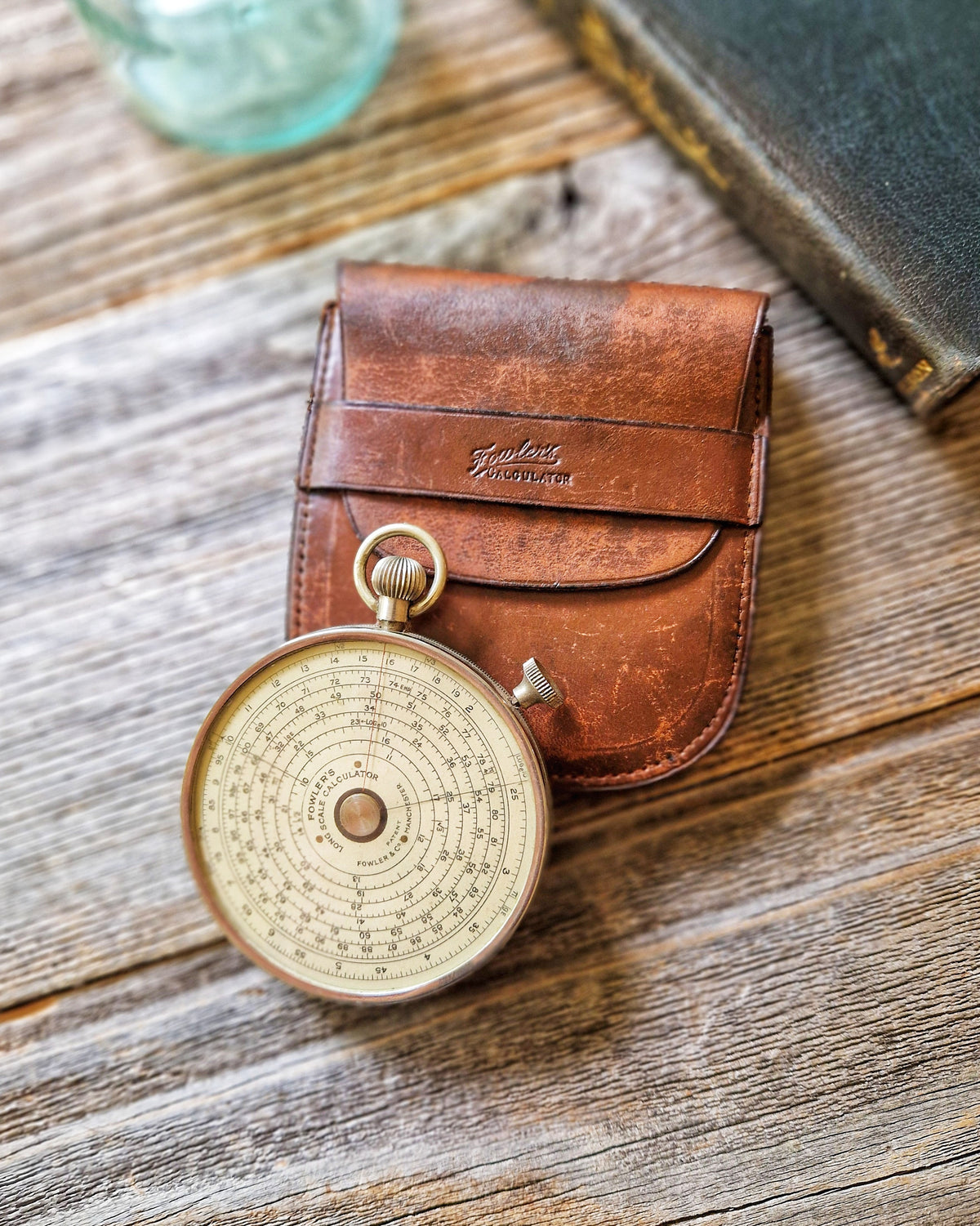 1930s Fowler’s Long Scale Calculator in Original Leather Case | Vintage English Circular Slide Rule
