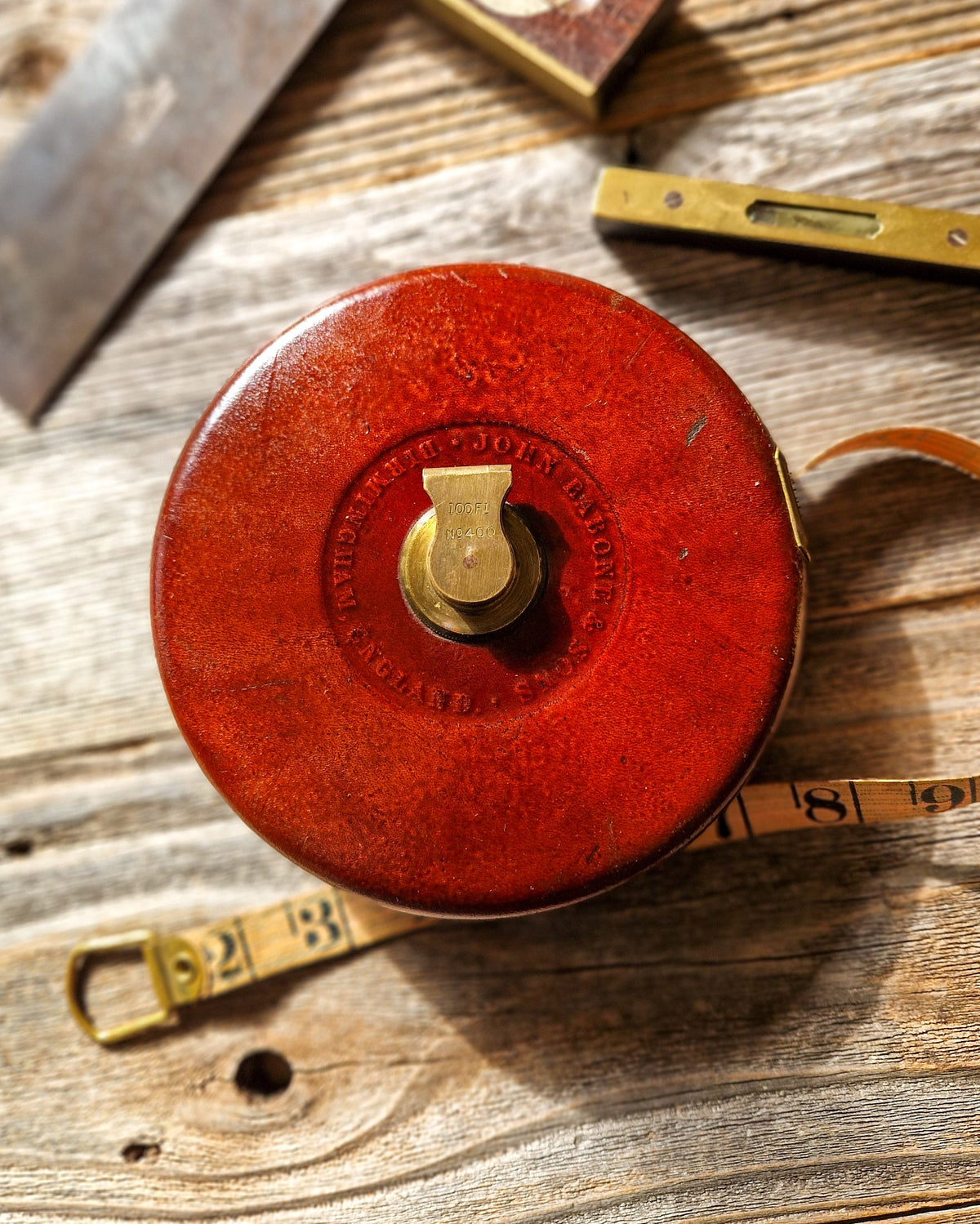 1930s Rabone 100-foot Tape Measure in Leather Case, No. 400 | Vintage English Surveying Tool