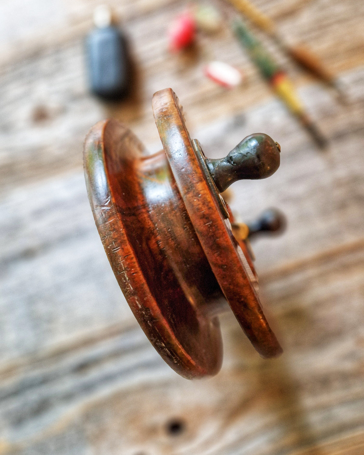 6-Inch Strap-back Walnut & Brass Fishing Reel c. 1900-1930 | Vintage English Nottingham Reel
