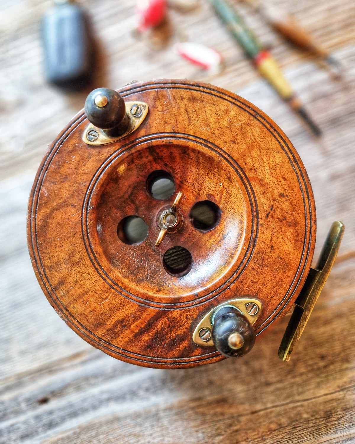 6-Inch Strap-back Walnut & Brass Fishing Reel c. 1900-1930 | Vintage English Nottingham Reel