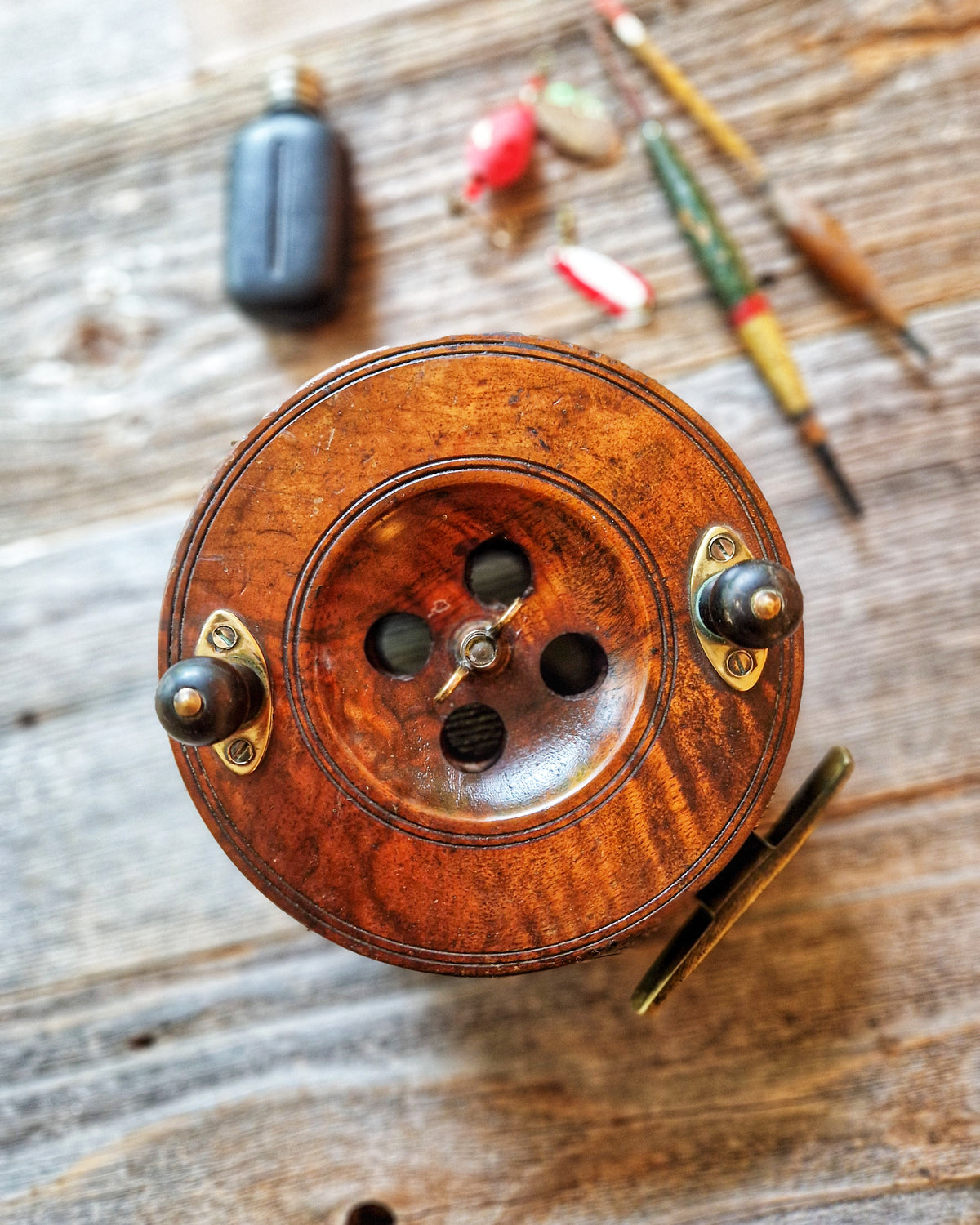 6-Inch Strap-back Walnut & Brass Fishing Reel c. 1900-1930 | Vintage English Nottingham Reel