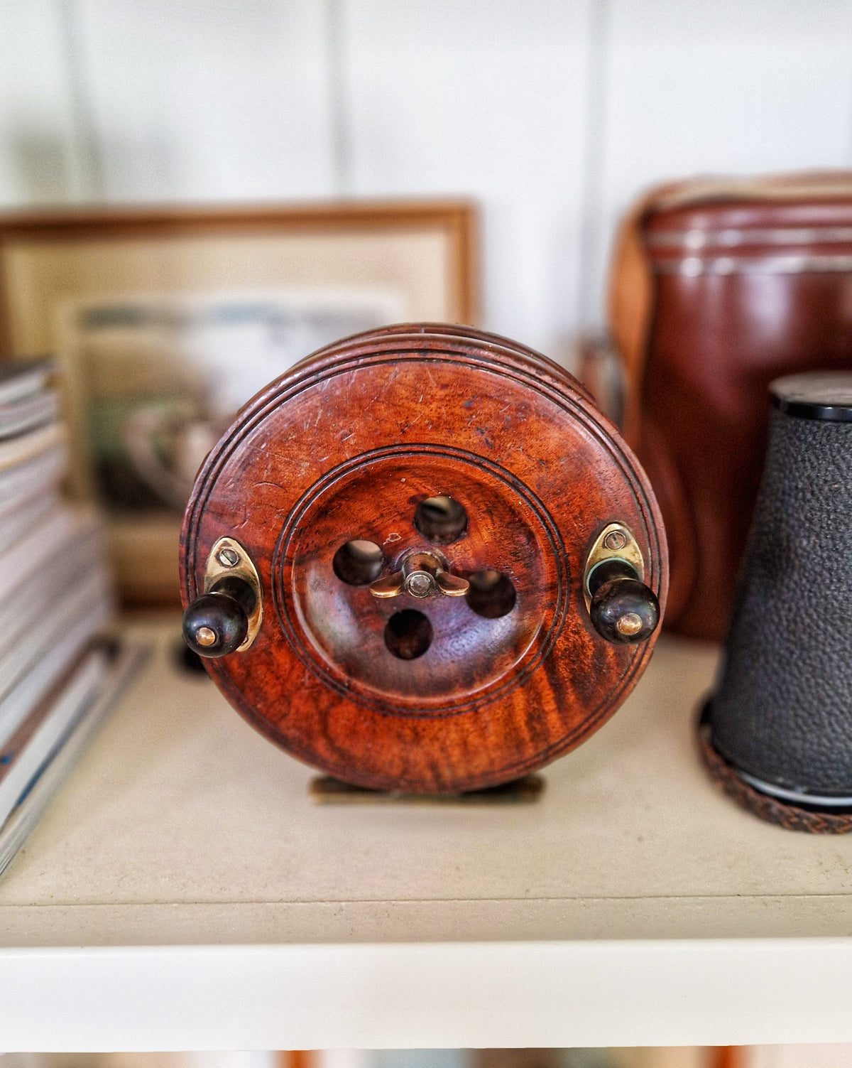 6-Inch Strap-back Walnut & Brass Fishing Reel c. 1900-1930 | Vintage English Nottingham Reel