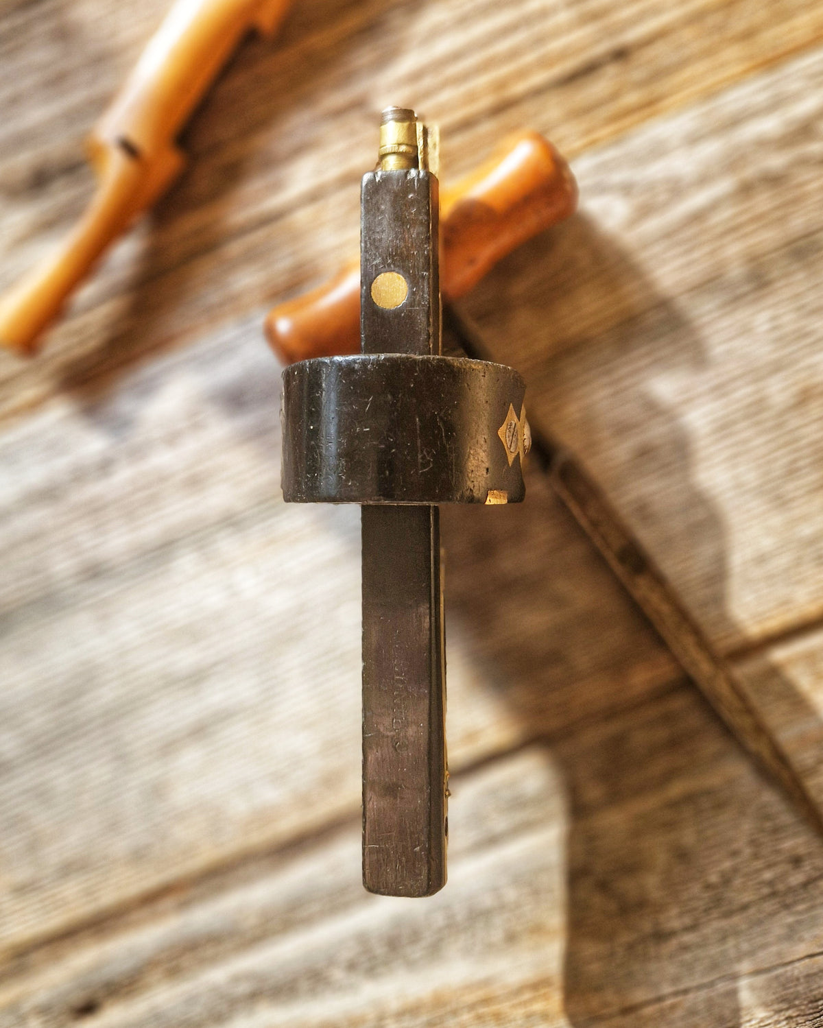 1930s Turnscrew Mortise Gauge in Ebony & Brass | Vintage English Woodworking Tool