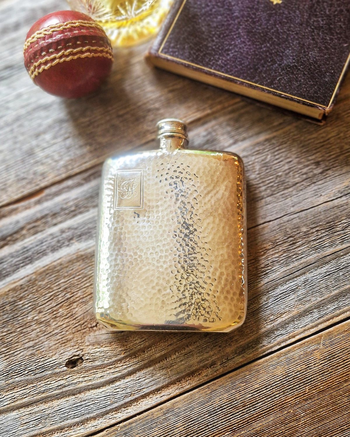1930s James Dixon Silver-Plated Hip Flask, Model 45 | Vintage 4-1/2 Inch English Flask with Hammered Finish
