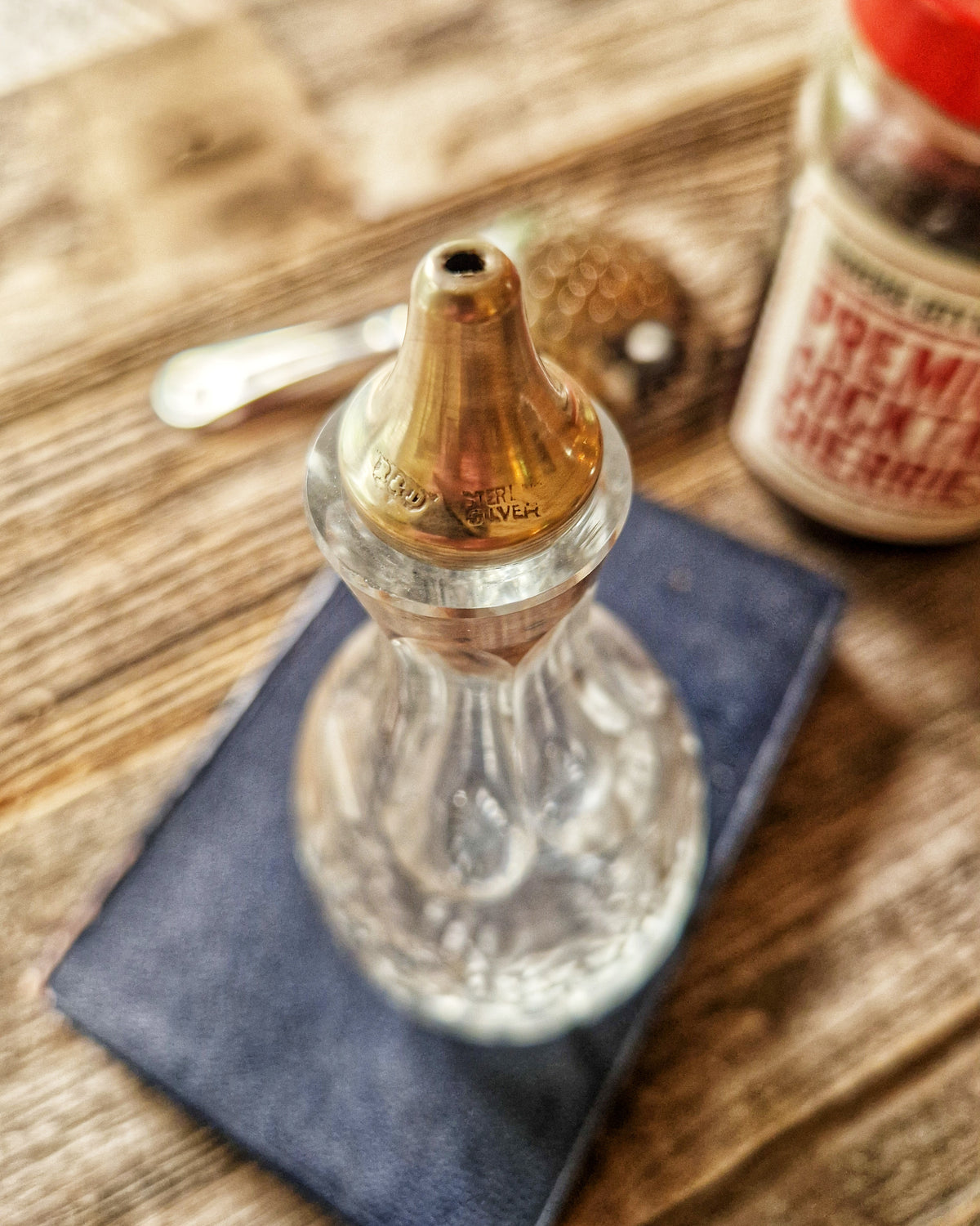 1950s Cut-Crystal Bitters Bottle by Richardson with Sterling Silver Spout | Mid-Century English Barware