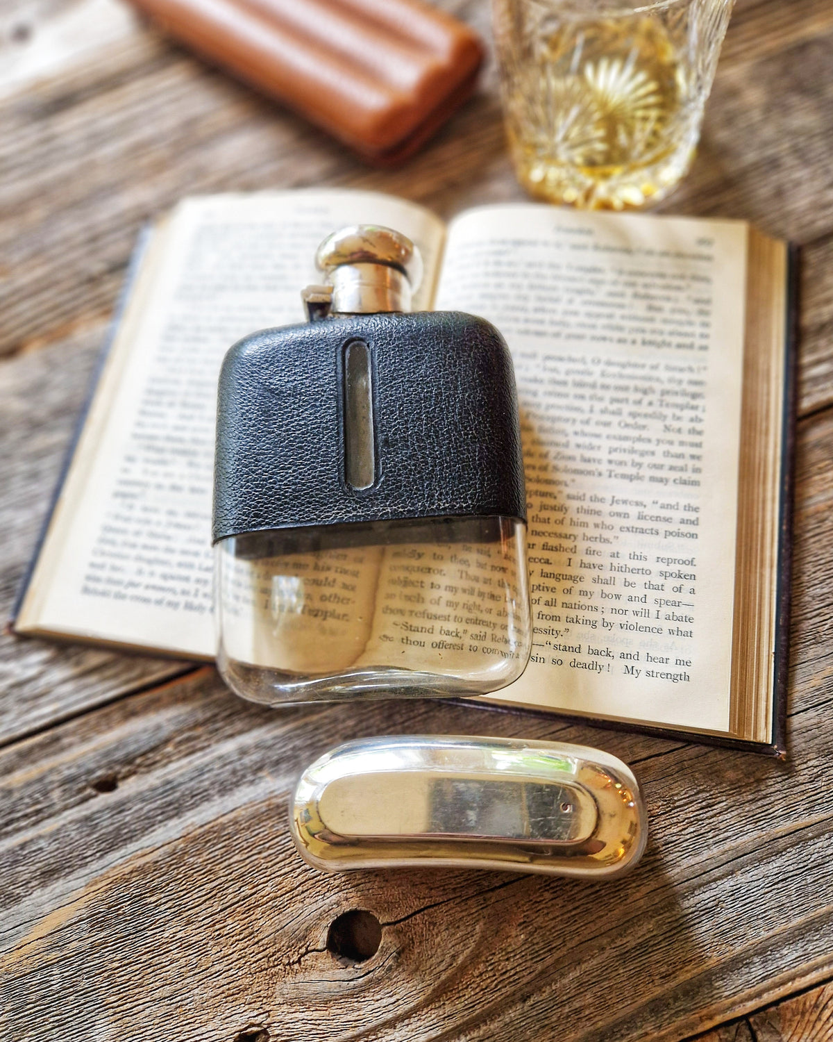 1920s English Leather Hip Flask with Silver-Plated Cup | Antique 5-1/4 Inch Flask with Bayonet Cap