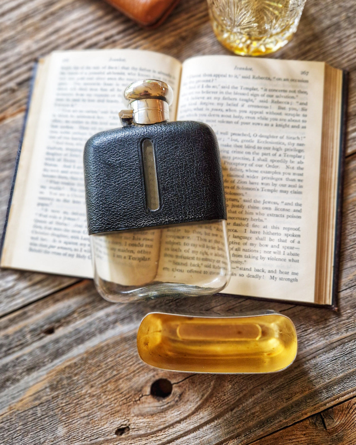 1920s English Leather Hip Flask with Silver-Plated Cup | Antique 5-1/4 Inch Flask with Bayonet Cap