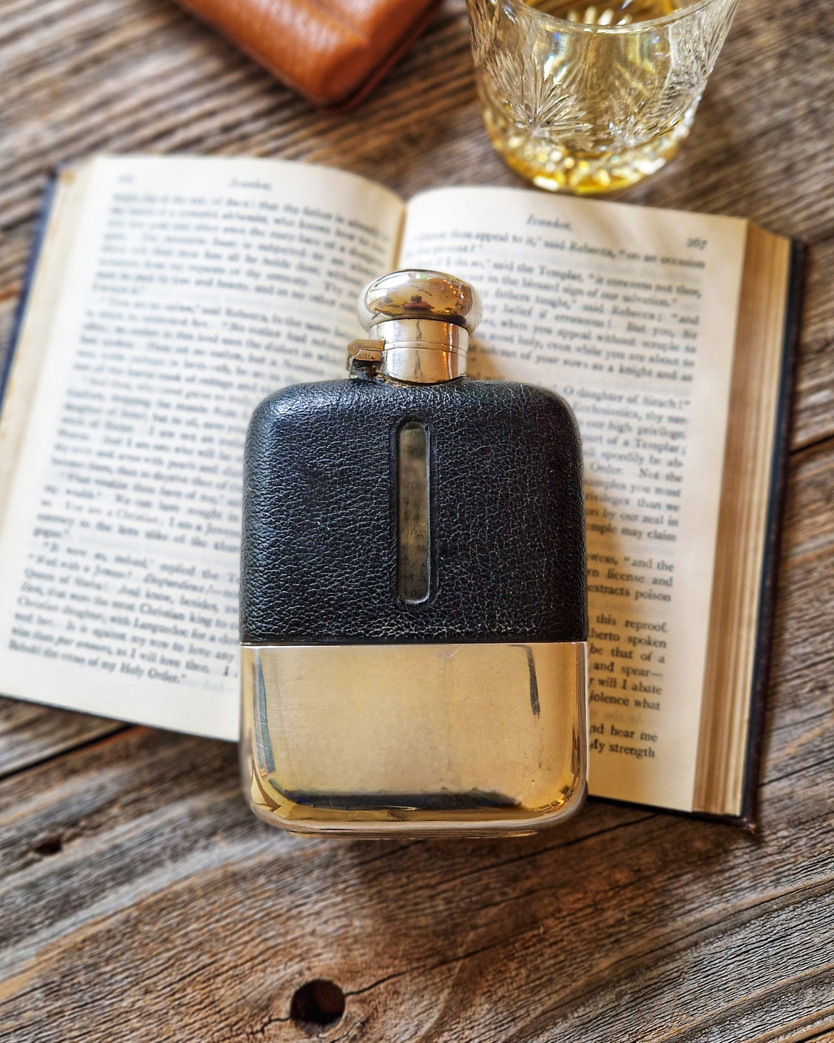 1920s English Leather Hip Flask with Silver-Plated Cup | Antique 5-1/4 Inch Flask with Bayonet Cap
